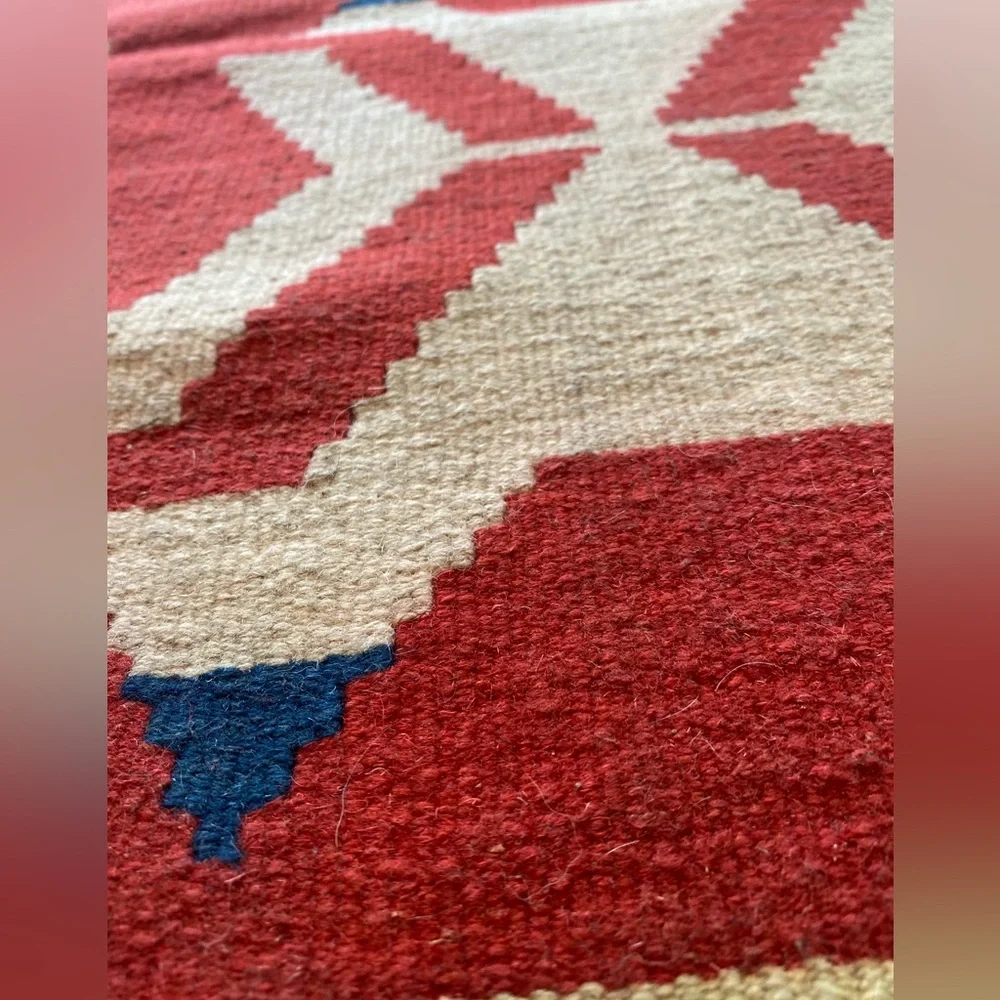 Turkish Kilim Wool Rug Flat woven 2X3 Ft Geometric Motif Red Cream Fringe VTG